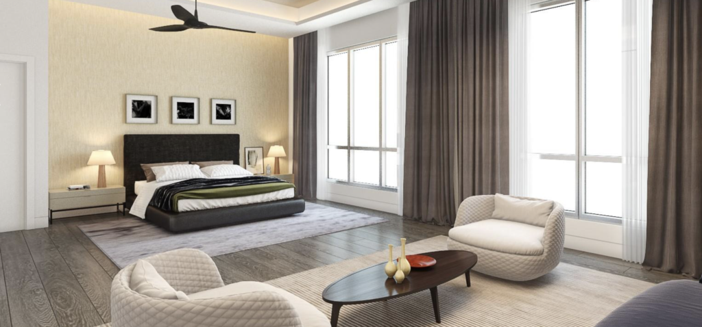 The primary suite in this penthouse at 2240 Mimosa. 